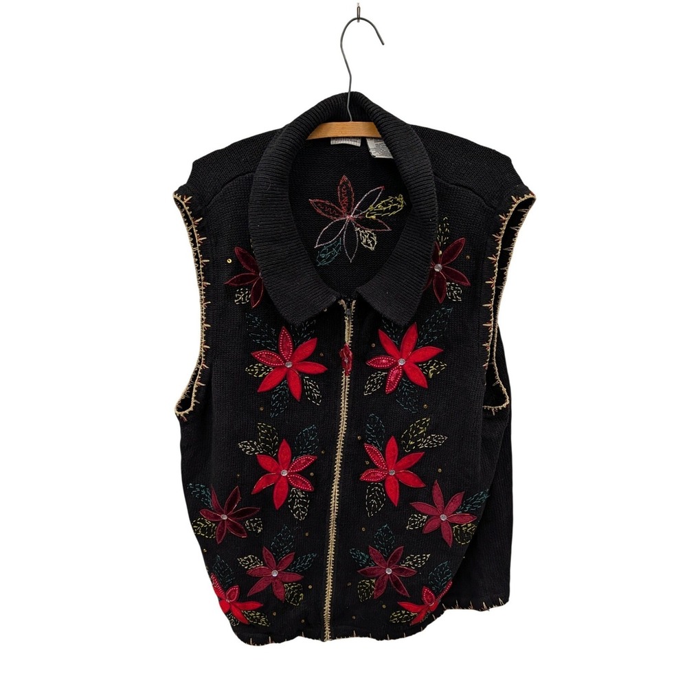 Vintage Women's Novelty Black Sweater Vest Zip Embroidered Poinsettia- 22W